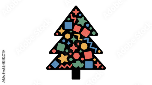 Festive Icon: This whimsical illustration of a Christmas tree is adorned with a medley of colorful shapes and patterns. It's a joyful embodiment of holiday cheer and creative celebration.