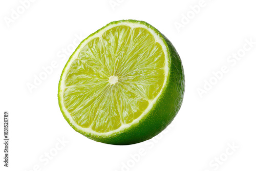 Close up of a bright green lime half with juicy pulp and white pith on black citrus fruit, Isolated On White Background, Png Transparent