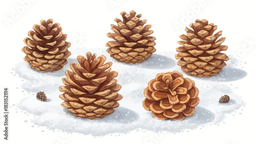Vector christmas illustration of five pine cones of varying sizes scattered on a snowy surface with shadows cast below them