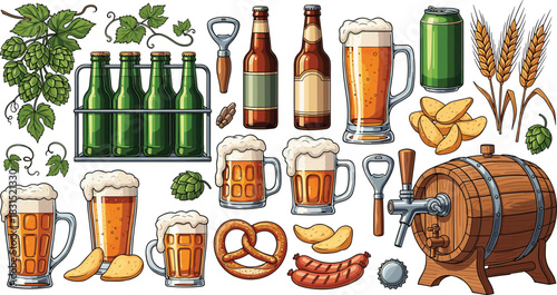 Beer and snack icon set, brewing ingredient and drinkware collection, pub graphics, colorful vector, cad drawing flat vector illustration