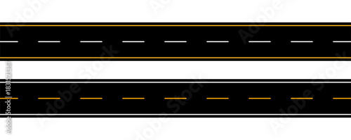 Simple straight road illustration showing a clear forward path with center lines, representing direction, travel, and navigation, isolated on white background