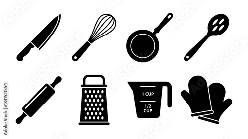 Common kitchen utensils and cooking tools silhouette icon set.