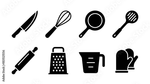 Essential kitchen cooking and baking utensils icon set vector