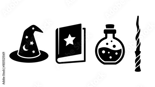 Magic elements icon set: wizard hat, spellbook, potion, and wand
