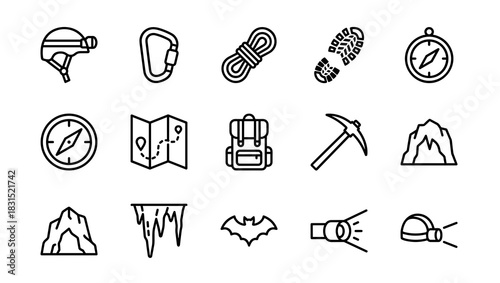 Caving and climbing adventure gear outline icon set for exploration.