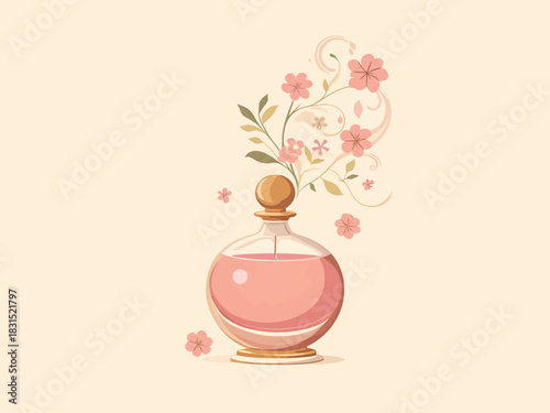 Elegant vector illustration of a round perfume bottle with a floral scent swirling out, depicted by stylized flowers and leaves.
