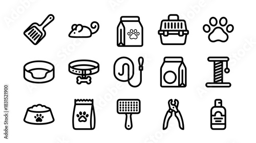 Essential pet care accessories and supplies icon set for pets