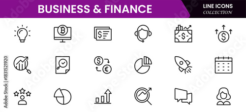 Business and Finance line icons collection. Big UI icon set in a flat design. Thin outline icons pack. Vector illustration