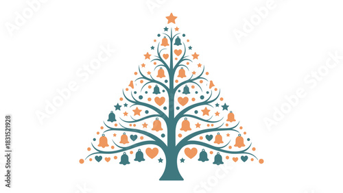 Festive Christmas Tree Design: A vibrant and creatively designed Christmas tree, composed of decorative elements like stars, hearts, and bells, embodies the holiday spirit with a minimalist aesthetic.