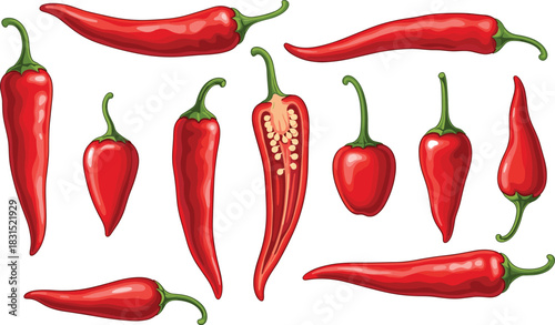 Chili pepper icon set, spicy vegetable variation collection, food graphics, black white vector, cad drawing flat vector illustration