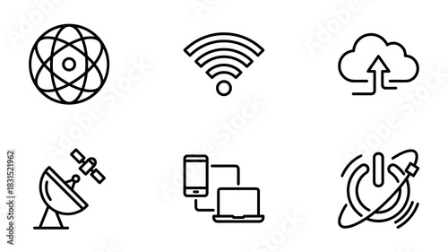 Technology and communication line icons set with global network