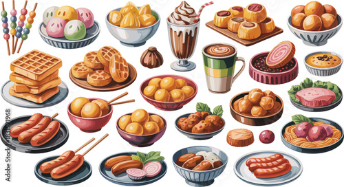Dessert and snack icon set, international food variety collection, culinary graphics, colorful vector, cad drawing flat vector illustration
