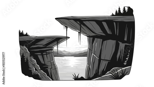 Dramatic monochrome landscape with towering cliffs overlooking a serene body of water.