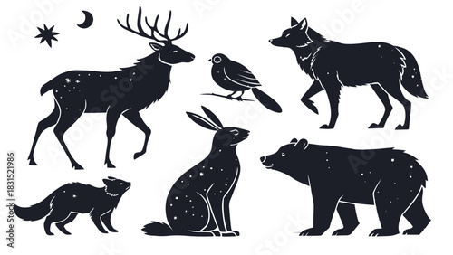 Vector christmas silhouette illustration of various animals including deer bear wolf and rabbit in black and white style