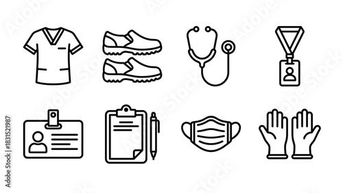 Medical healthcare worker tools and equipment collection line icons