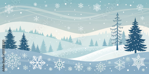Vector christmas a winter landscape with snow covered hills pine trees and snowflakes falling in a serene blue scene view