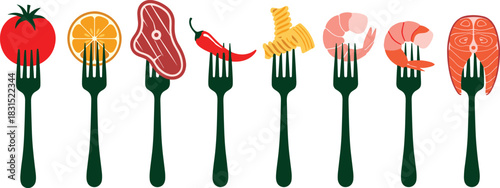 Food fork icon set, culinary item variation collection, meal graphics, black white vector, cad drawing flat vector illustration
