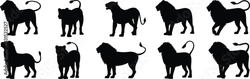 Lion silhouette icon set, posture and orientation variation collection, wildlife graphics, black white vector, cad drawing flat vector illustration