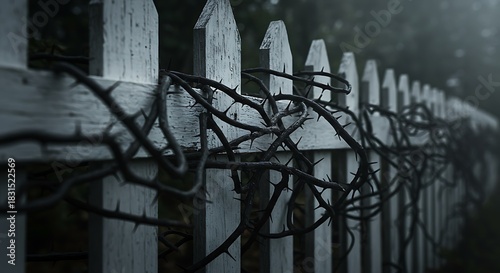Zombie-Vine Fence Realistic detail of a white picket fence, overgrown with thorny, black vines that look like grasping zombie fingers