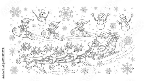 Festive Flight: Santa Claus steers his reindeer-pulled sleigh through a whimsical winter wonderland, while cheerful elves zoom around on rocket sleds. Snowflake details create a magical.