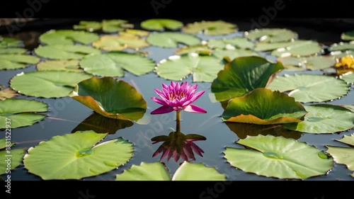 An ethereal wide shot of a tranquil pond covered with numerous water lily pads, reflecting the soft ambient light and creating a natural, peaceful ecosystem.