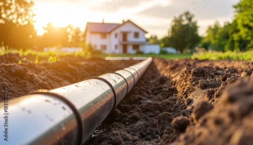 Pipeline for home A black pipe in a trench leads to a house under sunset, representing essential utility connection and residential infrastructure work