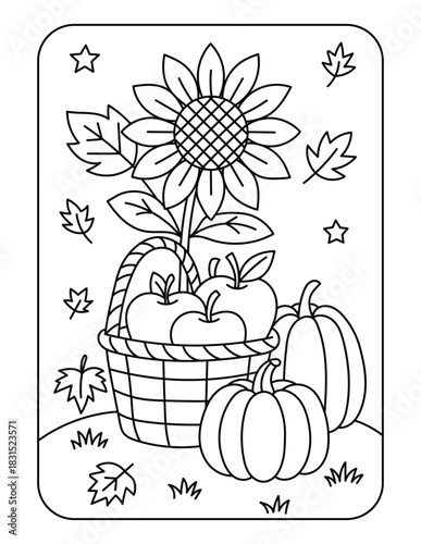 Autumn Harvest Basket with Sunflower, Apples, and Pumpkins Coloring Page