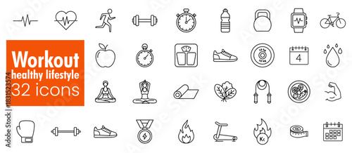 Comprehensive collection of outline vector icons illustrating various aspects of fitness, healthy lifestyle, and workout activities, perfect for modern graphic design projects and digital interfaces