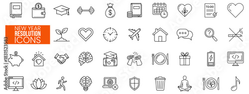 Diverse collection of outline icons illustrating popular New Year's resolutions for personal growth, financial planning, health, education, and lifestyle improvements, perfect for goal setting