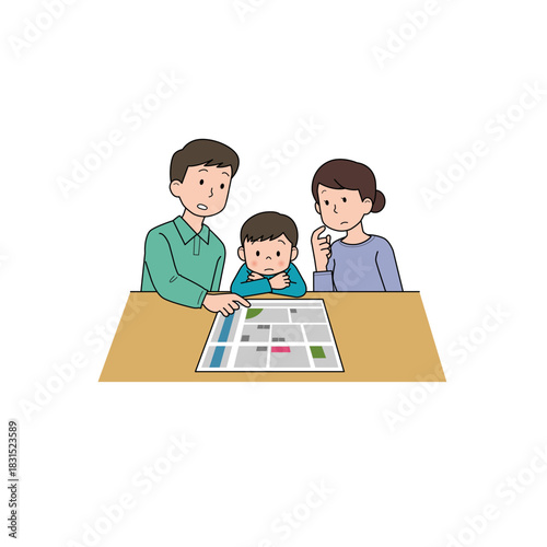 避難経路を確認する家族