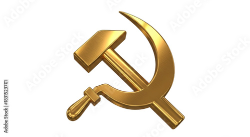 High resolution golden hammer and sickle symbol design mockup featuring hammer, sickle, gold on clean white background for product presentation use