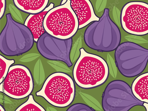 Vibrant purple figs and juicy cut halves displaying pink flesh and white seeds form a seamless, decorative pattern, scattered artistically among pointed green leaves on a soft olive green background
