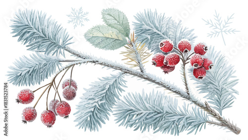 Vector christmas frosted winter branch with red berries and snowflakes in a watercolor style illustration art