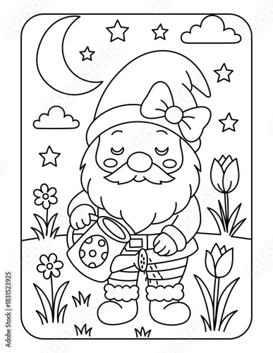 Cute Nighttime Gnome Watering Flowers Coloring Page