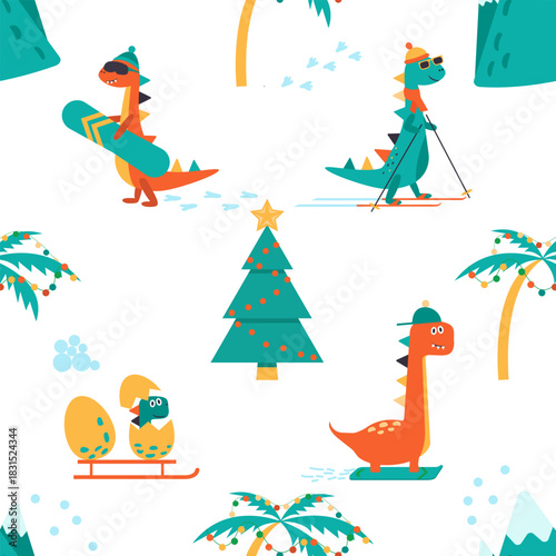 Dino winter seamless pattern. Dinosaur skiing, Dinosaur snowboarding, dinosaur sledding. Dinosaur christmas happy new year doodle seamless vector pattern.