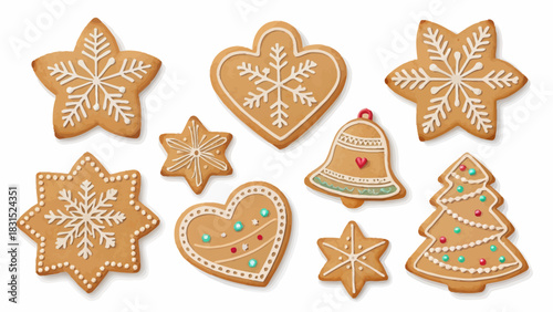 Vector christmas a collection of gingerbread cookies decorated with white icing in various shapes for the christmas holiday