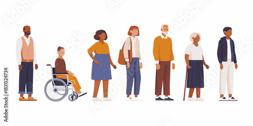 Diverse group of people standing together in a row illustration