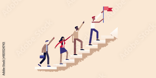 Team climbing stairs to success with leader holding flag at top