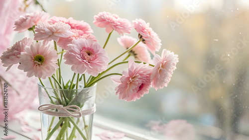 pink flowers in a vase, Pink pastel flowers in glass vase, soft-focus background, bright airy aesthetic