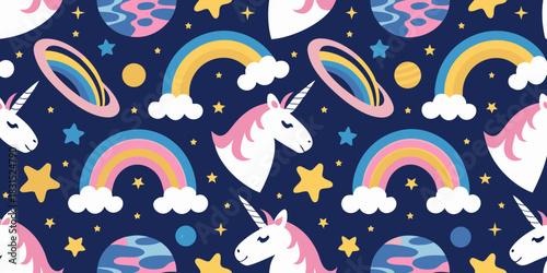 Seamless pattern with unicorns rainbows planets and stars on dark blue background