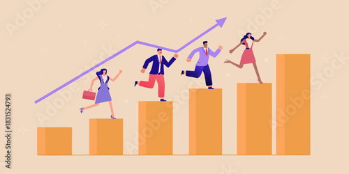 Business people running up a bar chart towards success and growth