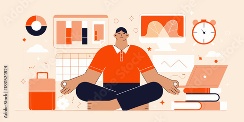 Meditating man surrounded by work tools and charts for relaxation and focus