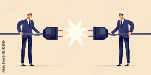 Businessmen connecting plugs with spark concept for connection partnership or collaboration