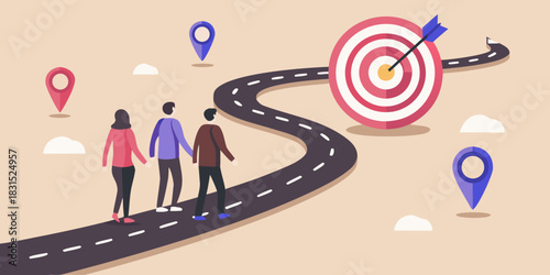 Team walking on road to achieve goal with target and arrow