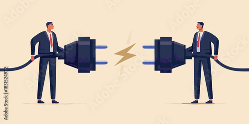 Businessmen with electrical plugs facing each other and a lightning bolt