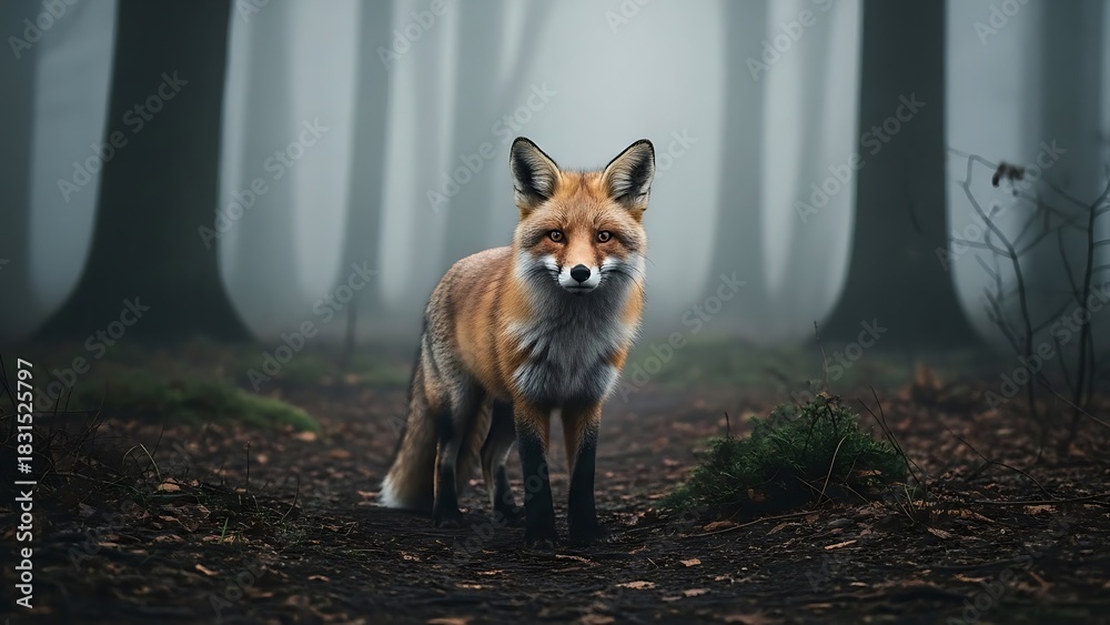 Obraz premium Wild red fox standing alert in a mysterious, misty forest environment