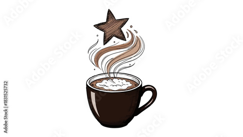 Coffee Cup's Celestial Brew: a charming coffee cup, exuding warmth and invitation. A star floats above, creating a unique and captivating beverage