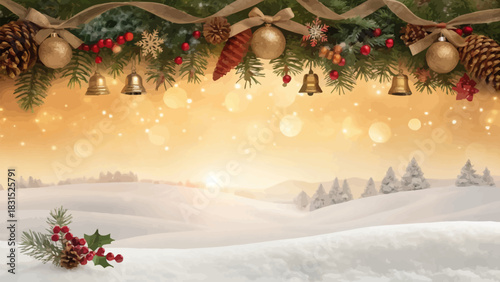 Vector christmas decorative christmas garland with ornaments bells and pine cones over snowy landscape background scene