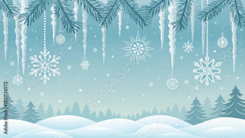 Vector christmas winter scene with snow covered hills, pine trees, icicles, and hanging snowflakes in a light blue tone