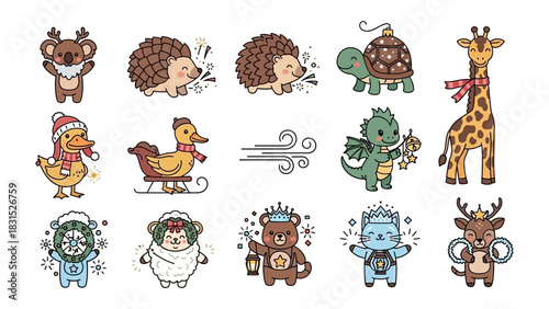 Whimsical Animal Collection: An enchanting compilation of diverse animal illustrations, each adorned with festive charm, perfect for adding a touch of delight to any creative project.